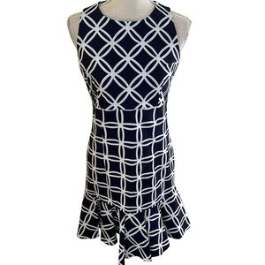 Sara Campbell Navy Blue/White Graphic Print Sleeveless Ruffle Hem Shift Dress 6